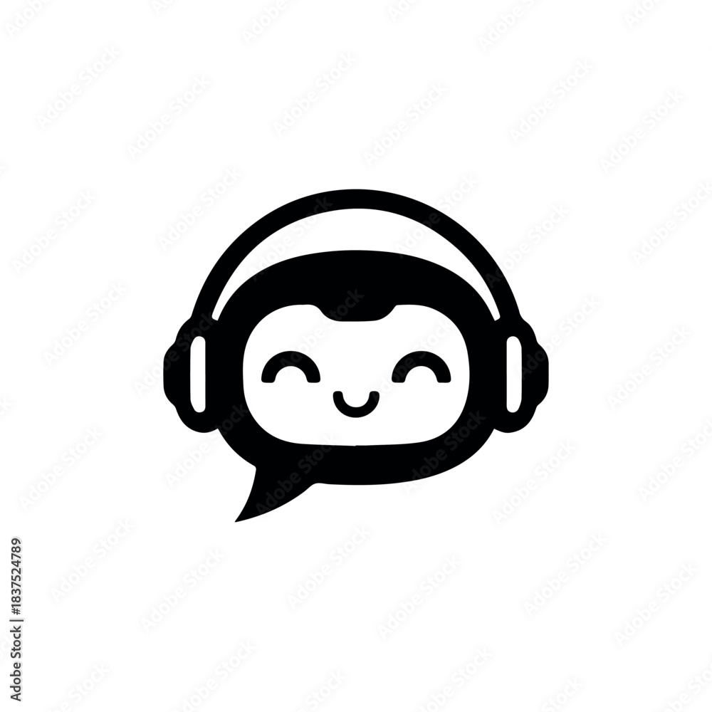 Fototapeta premium Chatbot avatar vector for ai support and communication with headphones and speech bubble in black and white