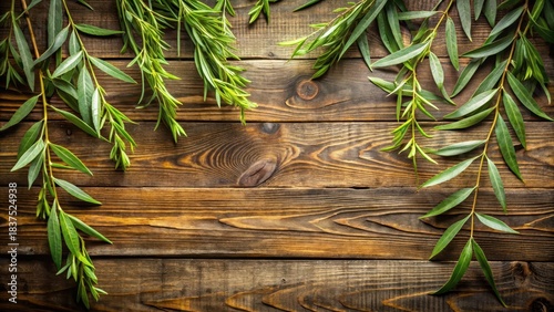 Traditional wooden background with raw dampened willow branches and leaves in a rustic setting, willow trees, wooden backdrop