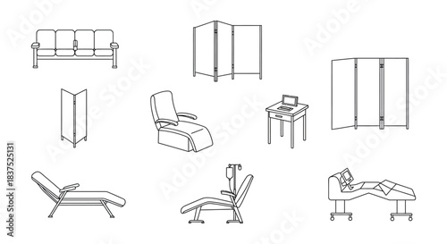 line art medical furniture and equipment for healthcare depicting waiting seats treatment recliners and privacy screens.