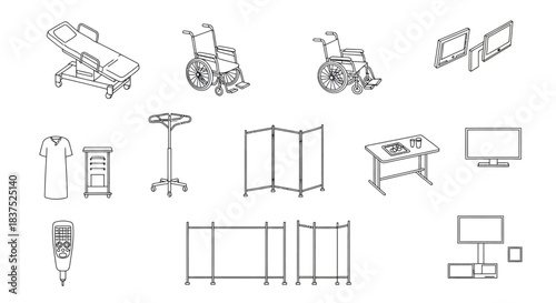 line art medical equipment and hospital furniture icons illustrating patient care essentials for modern healthcare facility design.
