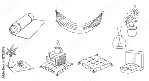 line art vector icons of cozy home items for relaxation and comfort hammock books plants and yoga mat for a hygge lifestyle