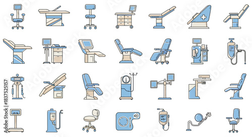 medical equipment and clinical furniture icons featuring dental chairs examination tables iv stands and diagnostic tools.