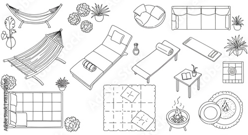 minimalist line art illustrations of diverse outdoor furniture hammocks lounge chairs and garden plants for modern home decor and lifestyle designs.