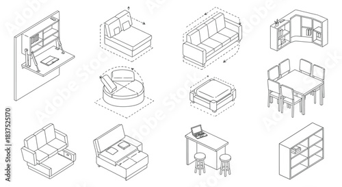 modular furniture designs illustrated in isometric line art showcasing versatile convertible pieces for optimizing small modern spaces.