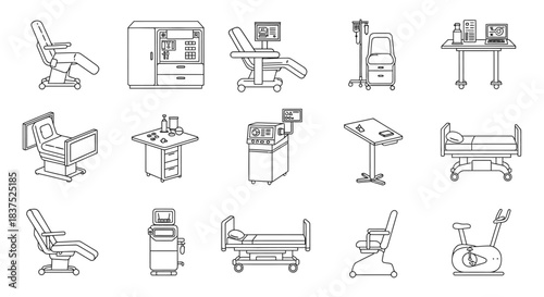 outlined medical equipment and hospital furniture collection of vector icons essential tools for patient care diagnosis and modern healthcare.