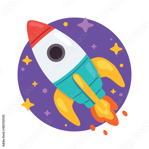 Cute cartoon rocket flying through outer space surrounded by stars. Bright, colourful, child-friendly illustration perfect for kids themes, education materials, nursery decor, and space designs.