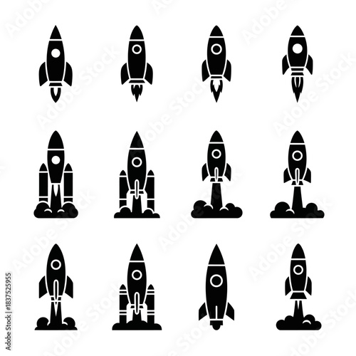 Assorted rocket ship icons illustrating compact spacecraft in various launch-ready forms.