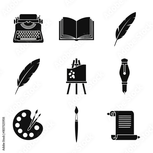 Retro writing and artistic tool icons including typewriter, book, quill, palette, and fountain pen elements.