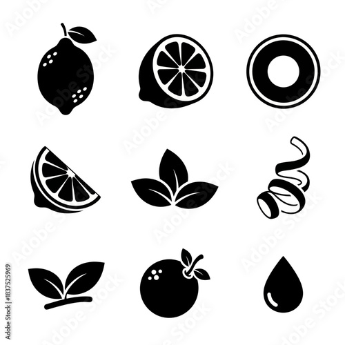 Fresh citrus fruit and leaf icon set featuring lemons, oranges, slices, and natural botanical elements.