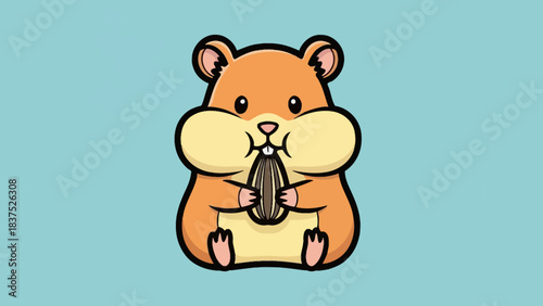 Cute cartoon hamster holding a sunflower seed against a light blue background, playful and whimsical