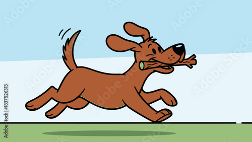 Happy brown dog running with a stick in its mouth in a sunny outdoor setting