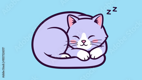 Cartoon illustration of a sleeping purple cat curled up on a light blue background, evoking calmness