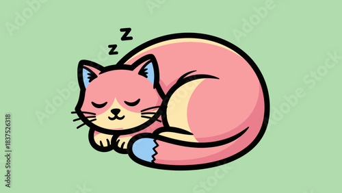 Cute cartoon cat sleeping peacefully on a soft green background, ideal for pet-themed designs