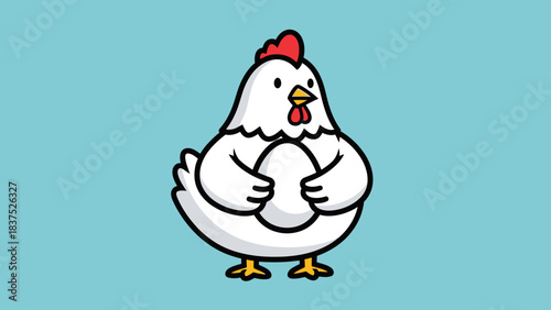 Cartoon chicken holding an egg against a light blue background, symbolizing fertility and farm life