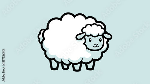 Cartoon sheep with fluffy white wool standing on a light blue background, ideal for children's illustrations