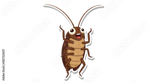 Happy Cartoon Cockroach With Big Eyes And Antennae In A Fun Pose Against A Black Background With White Outline