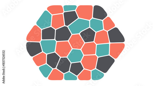 Hexagonal shape with a mosaic pattern of irregular polygons in coral teal and dark gray separated by white lines against a black background abstract design