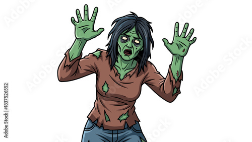 Horror illustration of a green-skinned zombie woman with torn clothes and raised hands in distress against a black background representing undead decay and fear in a terrifying post-apocalyptic scene