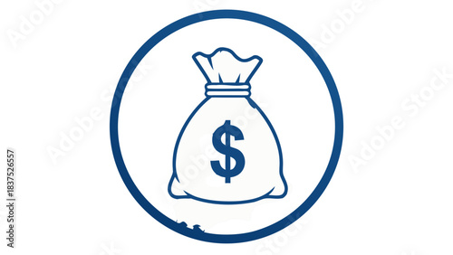 Icon of a white money bag with a blue dollar sign inside a dark blue circle on a black background representing financial wealth and savings