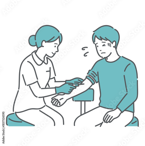 採血・注射に緊張・恐怖を感じる男性患者のイラスト