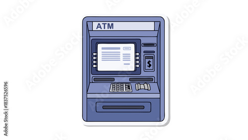 Illustration of a Blue Automated Teller Machine ATM with a Screen Keypad and Cash Slot on a Black Background Simple Graphic Design for Financial Transactions
