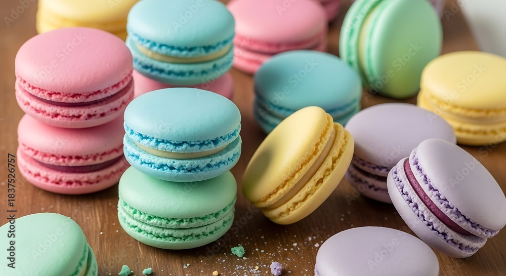 Fototapeta premium Colorful Macarons Arranged on a Wooden Surface with Sprinkles.