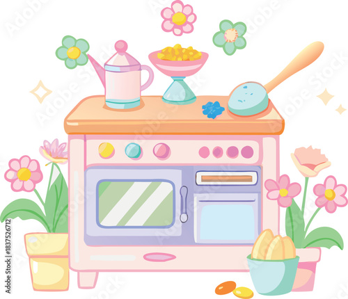 A vintage cartoon illustration of a pink kitchen design featuring a table with a tea cup and coffee alongside a child's chair and floral decorations