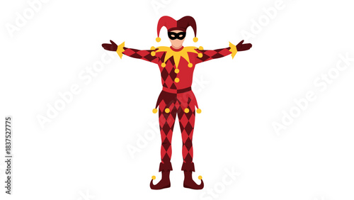 Jester Character Standing With Arms Outspread In A Red And Yellow Diamond Patterned Costume With Jingle Bells And A Mask Against A Black Background