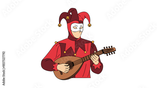 Jester in Red and Burgundy Costume Playing a Lute Against a Black Background with a White Mask and Jester Hat