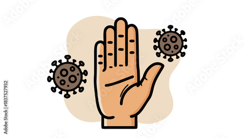 Illustration of an open hand with a stop gesture surrounded by cartoonish virus particles against a beige abstract background representing illness prevention and protection from disease