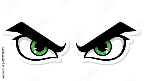 Intense Green Eyes Stare Forward with Angry Eyebrows Against Black Background Stylized Cartoonish Graphic Design Element