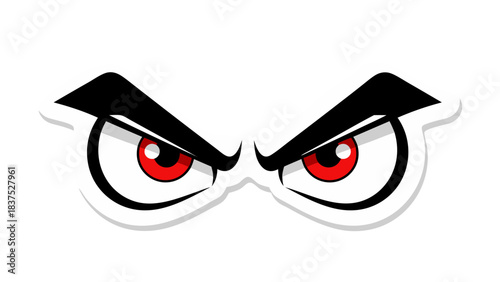 Intense Evil Cartoon Eyes With Red Iris White Sclera And Black Outline On A Black Background Minimalist Design Sticker Style With White Border