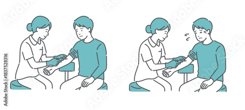 採血に臨む男性患者の比較イラスト（普通 vs 緊張・恐怖）