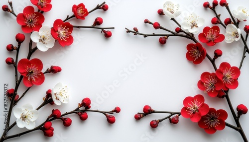 紅白の梅が舞う華やかな和風祝賀フラワー背景