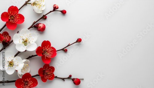 紅白の梅が舞う華やかな和風祝賀フラワー背景