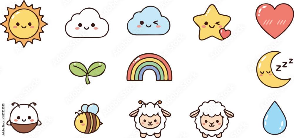 Fototapeta premium Cute cartoon vector set of fire icons with funny animal faces