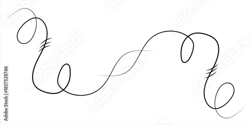 A black abstract wavy line with symmetrical loops and small horizontal markings on a clean white background, creating a balanced design.