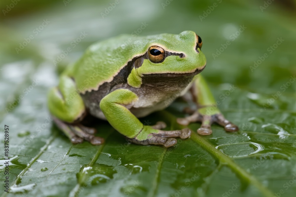 Naklejka premium Green tree frog resting on a dew-covered leaf