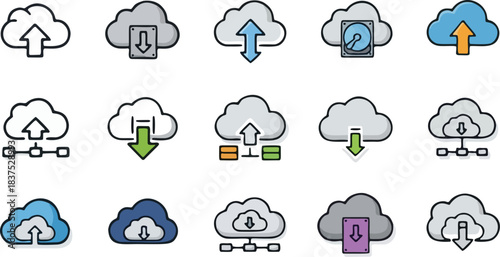 Blue and white people cloud computing icons vector set for business communication design