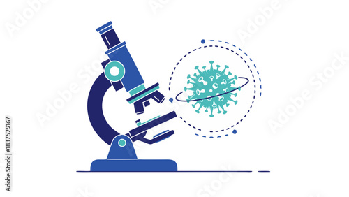 Microscope Examining a Cyan Coronavirus Particle Against a Black Background Scientific Research Medical Discovery Healthcare Laboratory Study