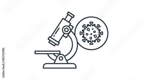 Microscope Examining Virus Particle Scientific Research and Medical Discovery Concept Clean Lined Illustration on Black Background