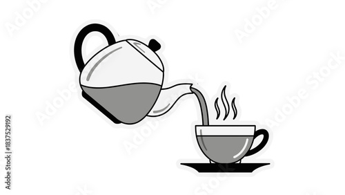 Minimalist Black And White Illustration Of Tea Being Poured From A Teapot Into A Cup With Steam Rising On A Black Background