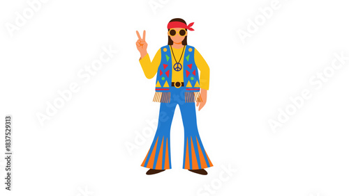 Man in Yellow Shirt Blue Vest and Bell Bottom Pants Making Peace Sign with Sunglasses and Headband Colorful 1970s Style Clothing