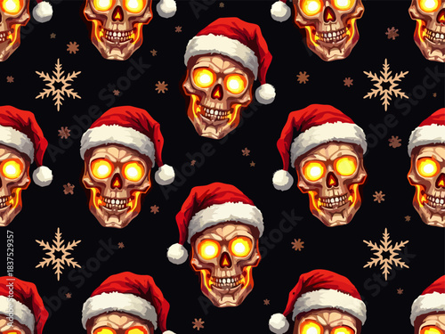 Vector christmas cartoon pattern. Biker human skull in santa claus hat with burning eyes, new year snowflake on black background. Fashion design for 
fabric, paper, textiles, men clothing, packaging. 