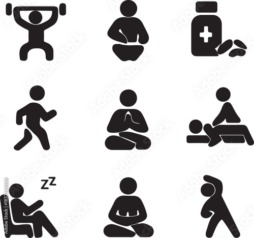Set of icons representing health, fitness, and wellness activities