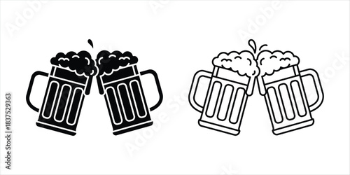 Two graphic beer mugs clinking in a celebratory toast, depicting cheers and good times