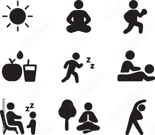 Healthy lifestyle icons: sun, yoga, running, fruit, sleep, massage, tree