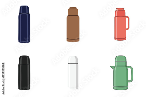 Thermos Bottle Vacuum Flask Flat Vector Insulated Hot Drink Container