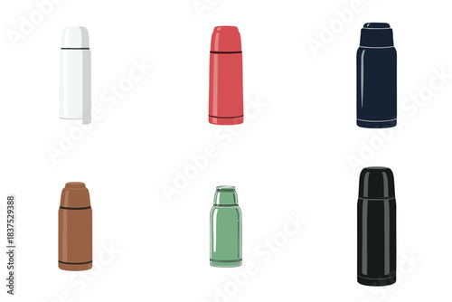Thermos Bottle Vacuum Flask Hot Drink Container Flat Vector Illustration Set