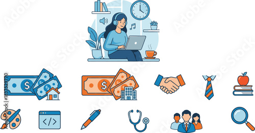 Diverse professional and remote work concept icons covering business, finance, education, and technology.